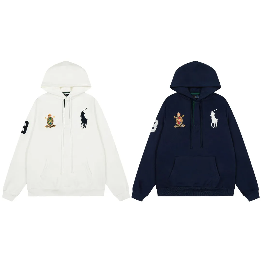 P300 Top Quality" Style Number: 8103# [Ralph Lauren 20th Anniversary Badge Embroidered Deconstructed Autumn and Winter Hooded Sweatshirt] ✅Ralph Lauren Anniversary Autumn and Winter Plush Hooded Sweatshirt for Men and Women ✅380g 100% pure cotton heavy-grabbed cloud velvet ✅Three-layer hidden partial placket Reactive dyeing D65 raw cotton double herringbone belt Wide and narrow partitions ✅Single color single version High-precision embroidery Same as original order ✅Simple upper body, easy to match, ootd must-have, versatile, recommended for couples to wear when traveling ~ Size: S-XL Color: White Navy